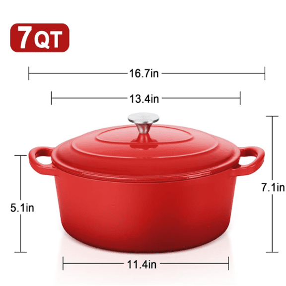 7QT Oval Dutch Oven Pot with Lid, Enameled Cast Iron Dutch Oven with Dual Handles for Sourdough Bread Baking Cooking, Nonstick Enamel Coated Cookware(Red), Non-Toxic & Easy Clean