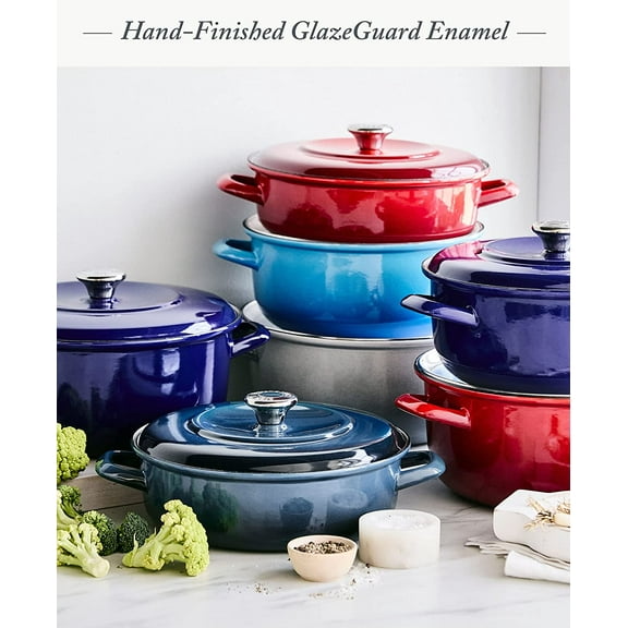 7QT Round Dutch Oven Casserole Pot with Lid, European Crafted Enameled Iron Stockpot, Induction & All Cooktops, Braising, Stews, Roasting, Slow Cooking, Sourdough, Cobalt Blue