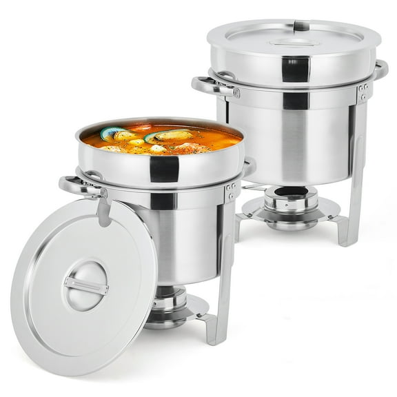 7QT Soup Chafer, Large Capacity Stainless Steel Round Soup Warmer with Lid and Fuel Holder, Commercial Soup Pot Chafing Dishes for Catering, Parties, Buffet, Banquets, Events
