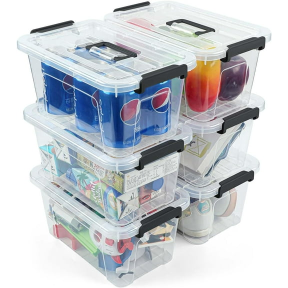 7Qt Clear Plastic Storage Bins with Lids, 6 Pack | Stackable organizing totes with buckle latches & handles. Dust-proof clear design for home, office & pantry space saving