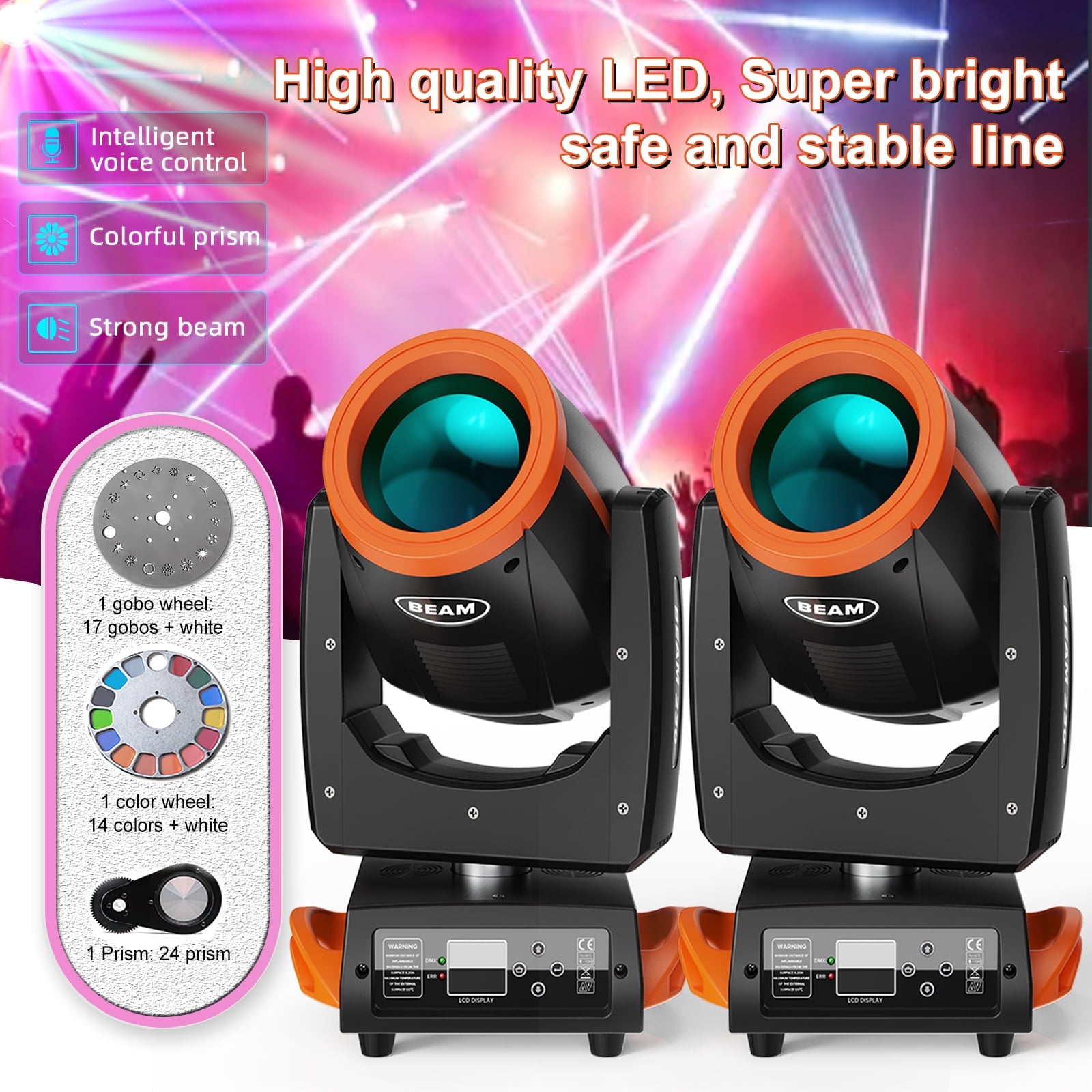 7R 230W Beam Sharpy Moving Head DJ Lights,2pack LED Stage Light 17 Gobos and 14 Colors DMX512 Control for Wedding Disco Club Lighting Party Christmas,Orange
