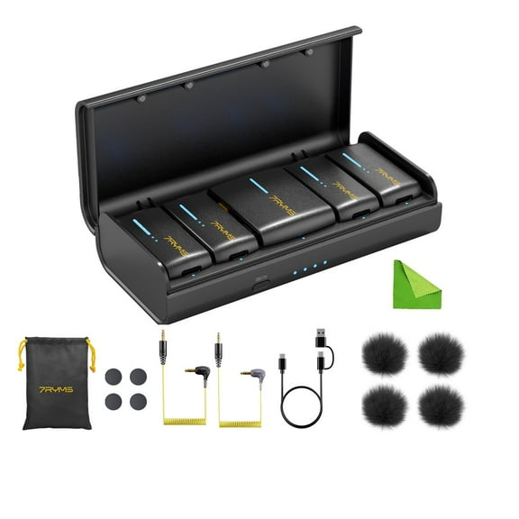 7RYMS iRay DW40 Wireless Lavalier Microphone with Four Transmitters One Charging Case Support AI Denoise, 48kHz/24bit Recording for Video Vlog, Interview, Live Streaming, Podcasting-Black