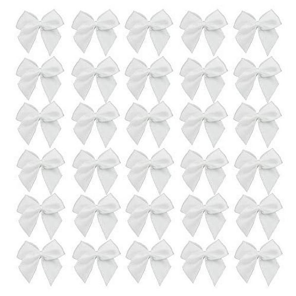 7Rainbows 50pcs Boutique Mini White Satin Ribbon Bows Flowers Appliques DIY Craft for Sewing Scrapbooking Wedding and Gift