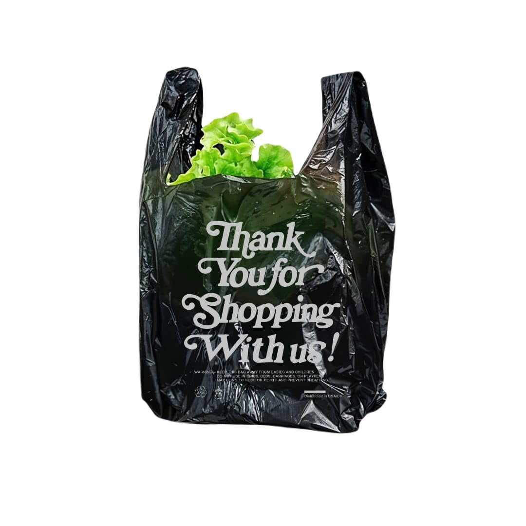 7STAR 1000 Count Black Thank You Bags with Handles 12Micron Heavy-Duty Plastic Shopping Bags for Retail, Grocery, and Takeout (15.5" x 6" x 22") -1/6 Barrel