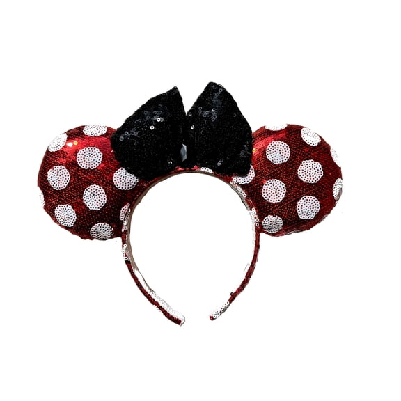 7STAR Glitter Mouse Ears and Bow Headbands for Girls or Adult Party Decoration Mouse Ears, Sparkly Mouse Ears (red polka with black bow, Multicolor, one size)
