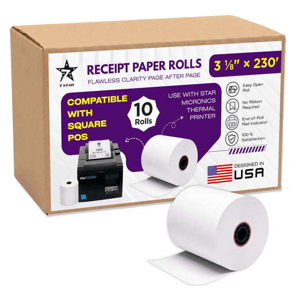 7STAR Thermal Paper Roll 3 1/8 x 230 - Receipt Paper for POS and Registers, Premium Thermal Register Paper, 10 Pack