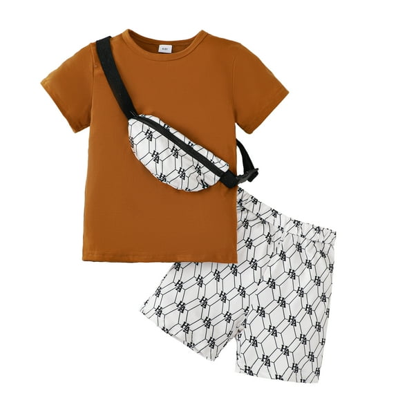 7T Big Boys Clothes 8T Boys 2PCS Summer Outfits Set Big Boys Short Sleeve Top Shorts Set with Bag Brown