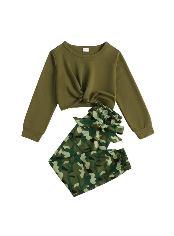 7T Big Girls Clothes 8 Years Big Girls 2PCS Fall Winter Outfits Set Big Girls Long Sleeve Top Camo Pants Set Army Green