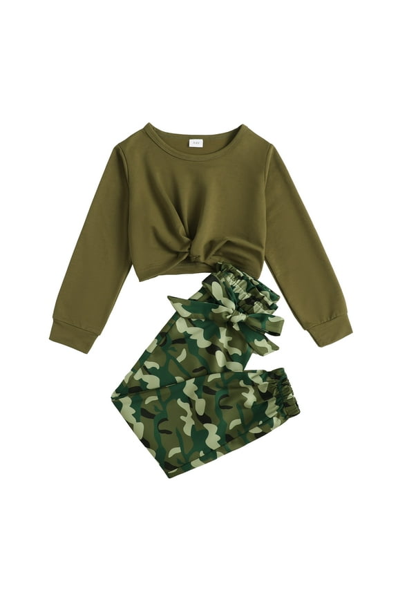 7T Big Girls Clothes 8 Years Big Girls 2PCS Fall Winter Outfits Set Big Girls Long Sleeve Top Camo Pants Set Army Green