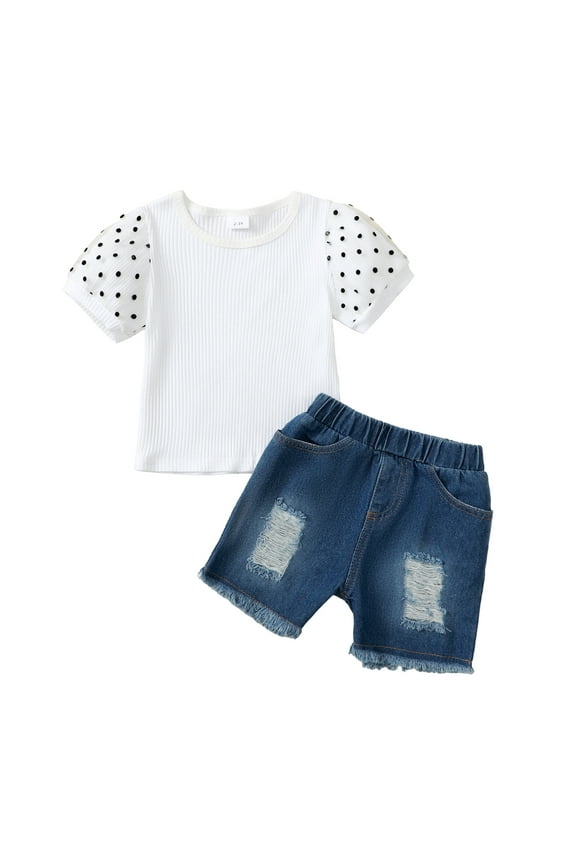 7T Big Girls Clothes 8T Girls 2PCS Summer Denim Outfits Set Solid Color Big Girls Short Sleeve Top Denim Shorts Set White