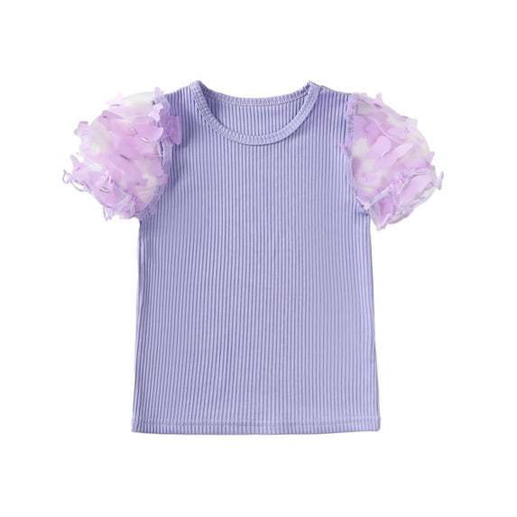 7T Big Girls Clothes 8T Girls T-shirts Solid Color Round Neck Big Girls Short Sleeve T-shirts Tops Purple