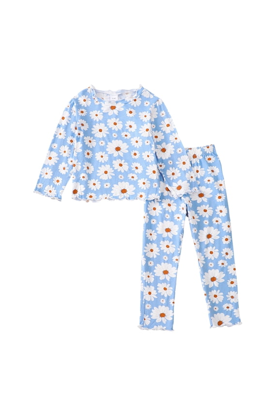 7T Big Girls Outfits 8T Girls Fall Winter Pant Sets Big Girls Long Sleeve Crewneck Daisy Print Floral Top Pants 2PCS Set Blue