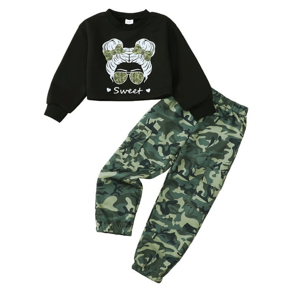 7T Big Girls Outfits 8T Girls Pant Sets Big Girls Long Sleeve Letter Print Top Camouflage Pants 2PCS Set Black