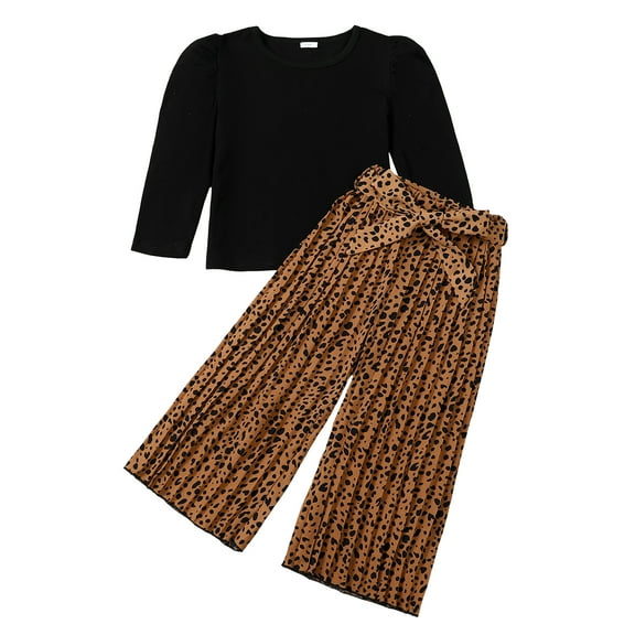 7T Big Girls Outfits 8T Girls Pant Sets Big Girls Long Sleeve Solid Color Top Leopard Pants 2PCS Set Black