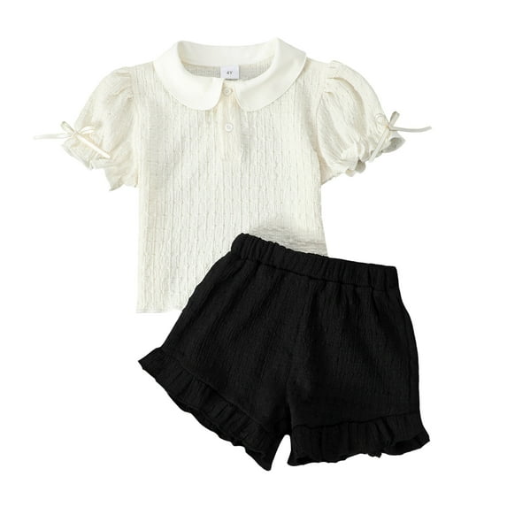 7T Little Girls Clothes 7T Girls 2PCS Summer Solid Color Outfits Set Round Neck Peter-Pan Collar Little Girls Short Sleeve Top Shorts Set White