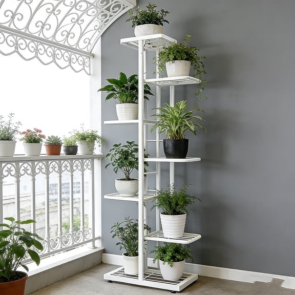7Tier Plant Stand-Iron Flower Stand-Heavy-Duty Metal Frame- Metal Flower Stand,-High-Angle Multi-Tier Plant Rack- Indoor/Outdoor Flower Pot Display Stand. Crafted From Iron With A Sleek