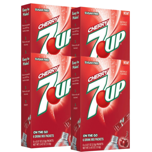 7UP Cherry Singles To Go Drink Mix, Zero Sugar Low Calorie, and Non-Carbonated Flavored Powdered Beverages Easy and Convenient to Prepare Just Add Water, 4 Boxes, 6 Sticks per Box, 24 Total Servings