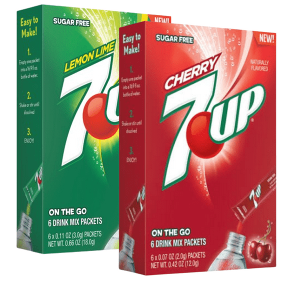 7UP Singles To Go Drink Mix 1 Lemon Lime and 1 Cherry Citrusy Flavored Powdered Beverages Zero Sugar and Non- Carbonated Water Enhancer, Easy to Prepare, 2 Boxes, 6 Sticks per Box, 12 Total Servings