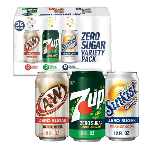 7UP, Sunkist & A&W Zero Sugar Soda Variety Pack, 12 fl oz Cans, 36 Pack Zero Calories, Assorted Flavors