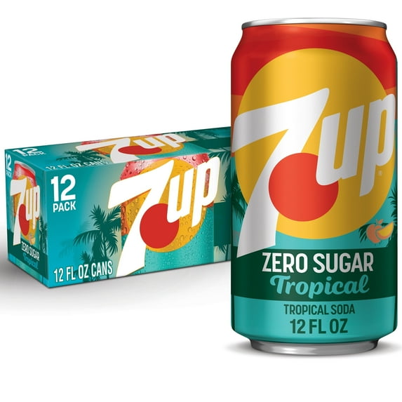 7UP Tropical Zero Sugar Caffeine Free Lemon Lime Mango Peach Soda Pop, 12 fl oz, 12 Pack Cans - 8 Pack of 12 Cans