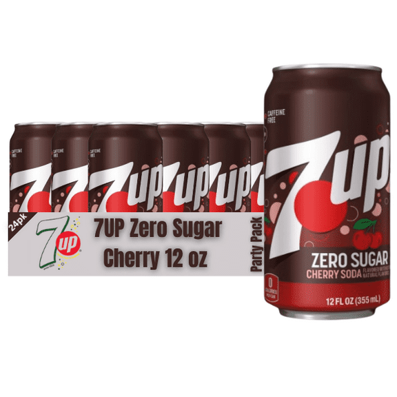 7UP Zero Sugar Cherry, Caffeine Free Soda, 12 fl oz Cans, 24 Pack Party Pack