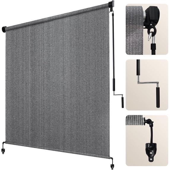 NAWAY 7'W x 8'H Cordless Outdoor Roller Shades,220 GSM HDPE Fabric,90% UV Protection Exterior Roll up Blinds for Porch,Gazebo,Balcony,Gray