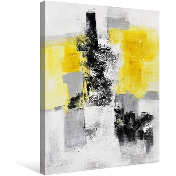 7WallArts - Large Abstract Canvas Wall Gray and Yellow Artwork on Canvas Prints Wall Decoration for Living Room Bedroom Bathroom Kitchen Office Home Wall Decor Framed Ready to Hang 48x32 Inch