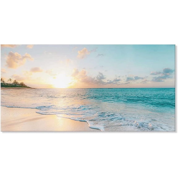 7WallArts -Large Blue Beach Sunset Horizontal Framed Canvas Coastal Cancun picture 48x24Inch