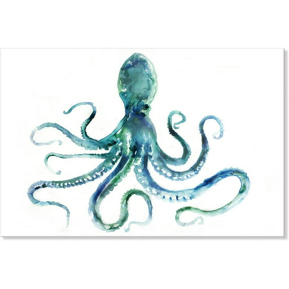 7WallArts - Large Size Artwork Blue Octopus Canvas Wall Art Nautical Ocean Animal Watercolor Marine life Sea Picture Framed for Living Room Bedroom Home Decoration 48x32 Inch