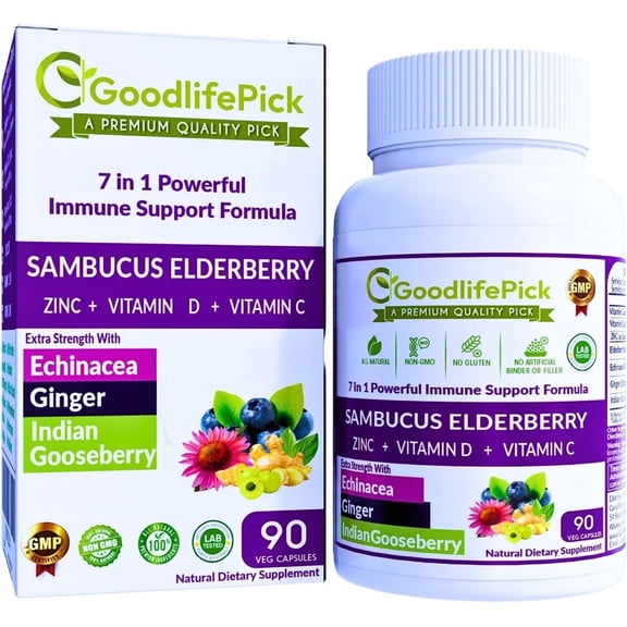 Elderberry Capsules with Zinc, Vitamin C, Vitamin D, Echinacea, Ginger, Amla, Vegan, Non-GMO, 90 Count