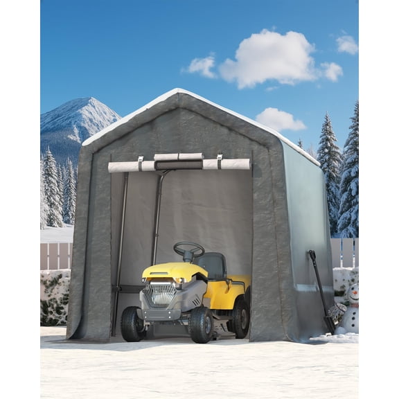 7X10 FT Heavy-Duty Portable Outdoor Storage Shed, 240g Waterproof Carport Storage Shelter with Roll-Up Door & Vent,UV-Resistant Canopy,Grey