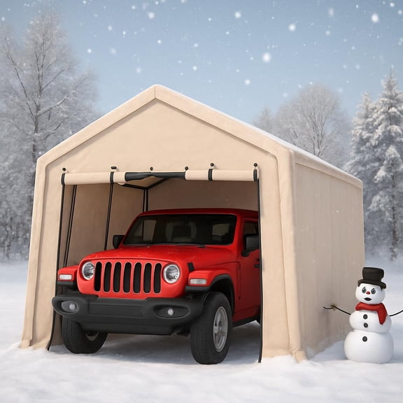 7X10 FT Heavy-Duty Portable Outdoor Storage Shed, 240g Waterproof Carport Storage Shelter with Roll-Up Door & Vent,UV-Resistant Canopy,Khaki