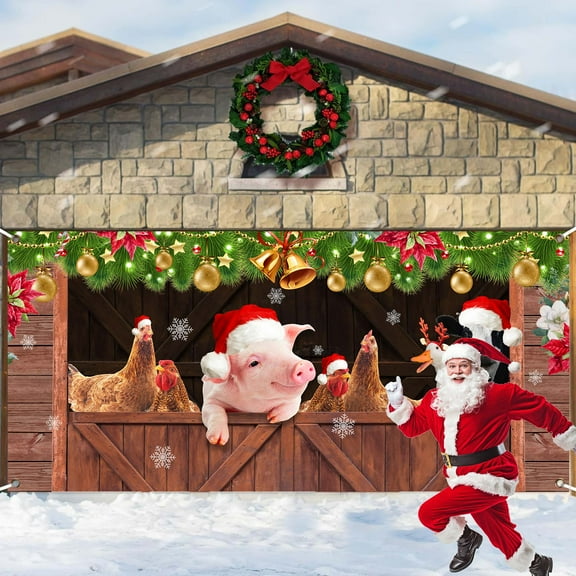 7X16ft Christmas Garage Door Decorations Background, Winter Funny Farm Barn Door Cow Chicken Pig Backdrop Banner, Xmas Holiday Farmhouse Party Decor Photography Backdrops Banner Cover