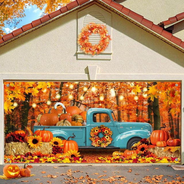 7X16ft Fall Truck Garage Door Background Autumn Thanksgiving Pumpkin