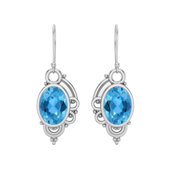 7X5 MM Oval Shape Swiss Blue Topaz 925 Sterling Silver filigree Dangle Valentines Day Gifts Earrings