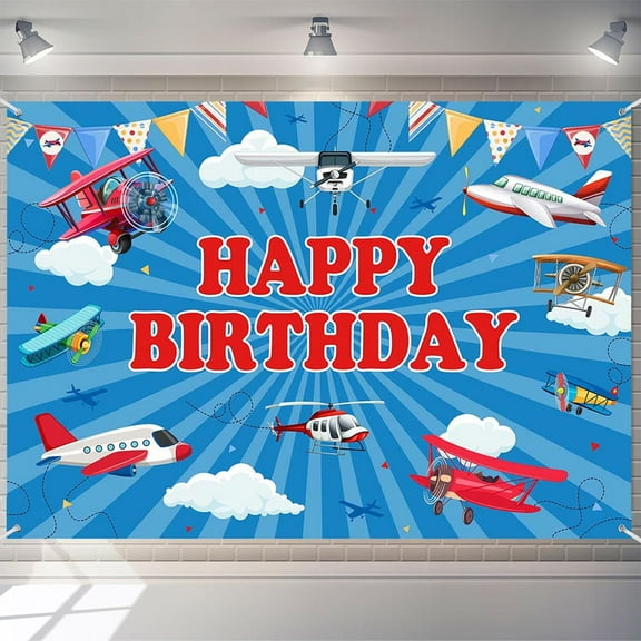 7X5FT Airplanes Clouds Birthday Backdrop Blue Birthday Decoration Banner for Kids Time Flies Theme Aircraft Happy Birthday Background Banner for Flying Party