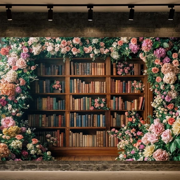 7X5FT Bookshelf Flower Photography Backdrop Vintage Bookcase Magic Books Ancient Library Wall Background Flower Girl Kids Birthday Party Decorations Kindergarten Graduation Banner Photo Booth Props