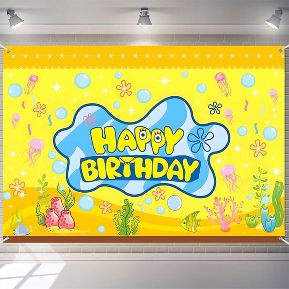7X5FT Cartoon Sponge Birthday Party Decorations Sponge Birthday Banner for Cartoon Sponge Theme Birthday Party Backdrop Photo Background Wall Decor Sponge Party Supplies