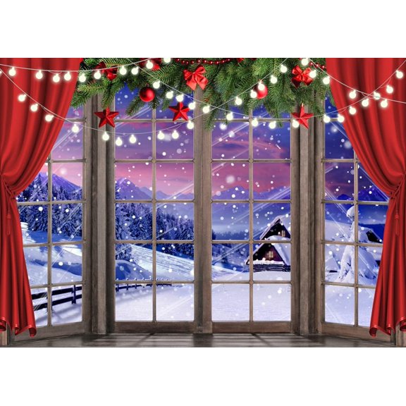 7X5FT Christmas Backdrop Xmas Window Photography Backdrop Winter Dream Wonderland Snow Tree Red Curtain Christma Photo Backdrop Studio Props Banner X-67