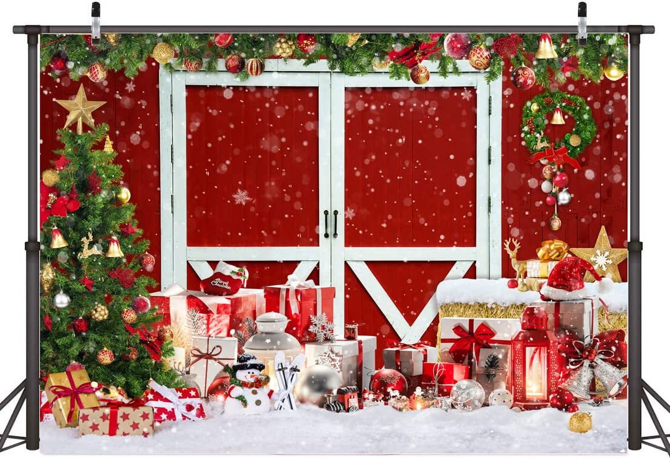 7X5FT Christmas Backdrops for Photography Christmas Red Barn Door