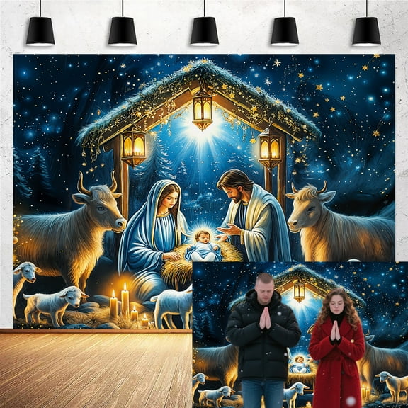 7X5FT Christmas Nativity Scene Backdrop Nativity Scene Night Starlight Holy Party Decorations Xmas New Year Religious Jesus Christian Decor Banner Photo Booth Props