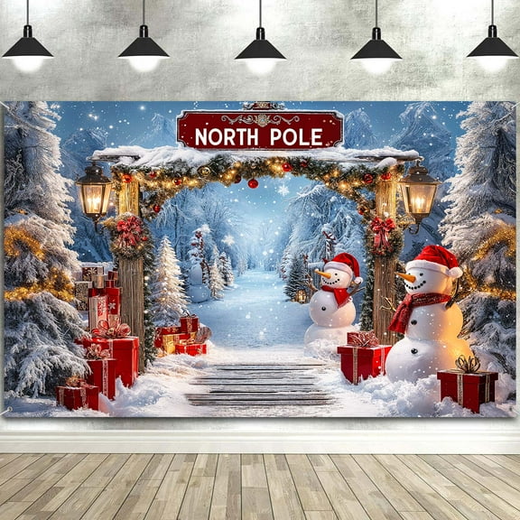 7X5FT Christmas Snowman Photography Backdrop Winter Santa’s Village Snow Scene Wooden Backdrop Farmhouse Xmas Tree Baby Shower Kids Birthday Party Banner Photo Booth Props Background