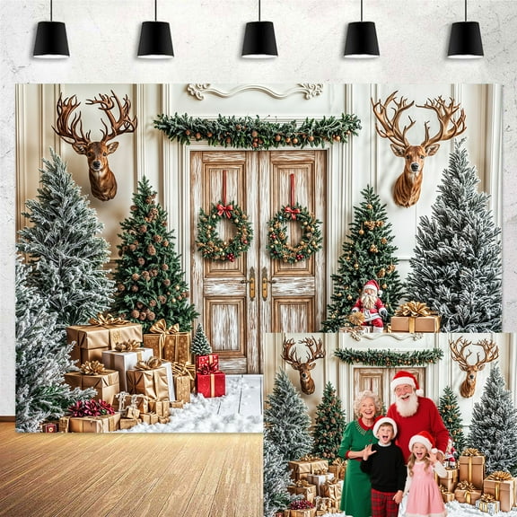 7X5FT Christmas Tree Wood Door Backdrop Winter Xmas Tree Santa Claus Reindeer Photography Background Christmas Family Holiday Party Decorations Banner Photo Studio Props