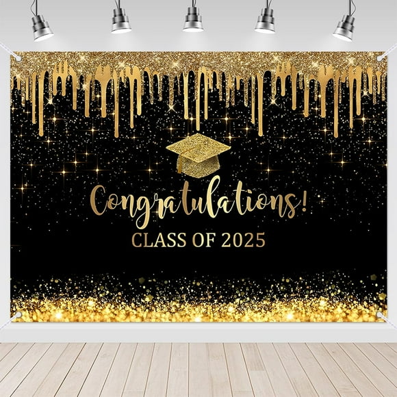7X5FT Graduation Party Decorations Black Gold Congrats Grad Class of 2025 Backdrop Banne Photography Background Party Supplies for 2025 Graduation Party Decorations