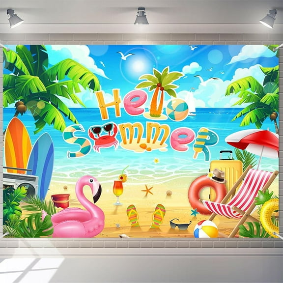 7X5FT Hello Summer Photography Background Hawaii Theme Tropical Palm Tree Beach Sky Flamingo Birthday Party Decoration Backdrop Banner Photo