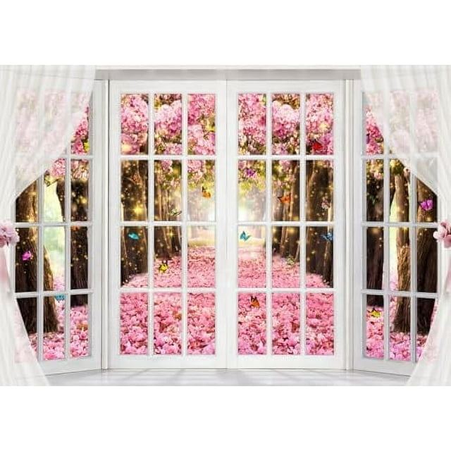 7x5ft Spring Backdrop Flowers Window Photography Backdrop Cherry 