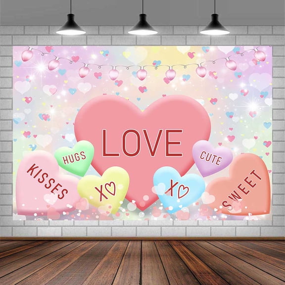 7X5FT Valentines Day Backdrop Sweethearts Candy Conversation Hearts Rainbow Pink Photography Background Backdrops Sweet Heart Valentine's Day Party Decorations Banner Photo Booth Props