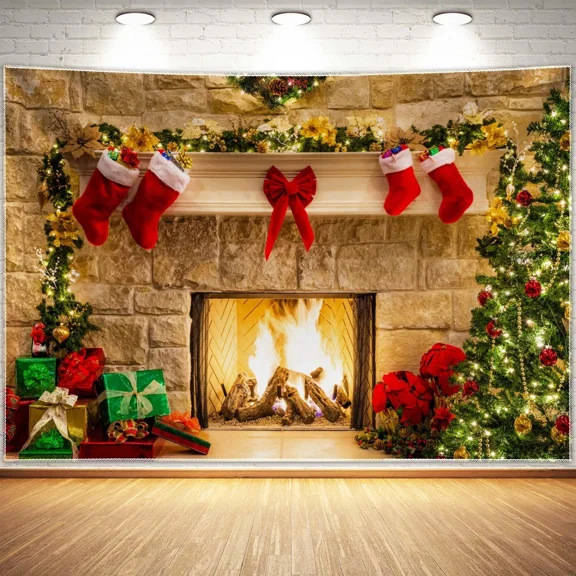 7X5Ft Christmas Photography Backdrop Fireplace Photography Background For Studio