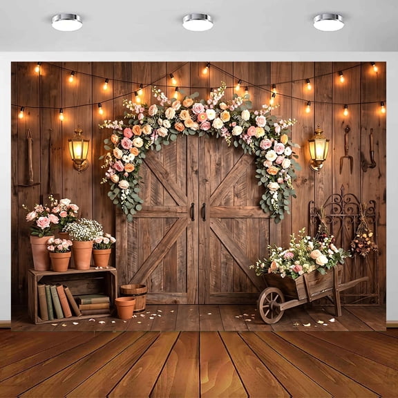 7X5Ft Country Wedding Photography Backdrop Brick Stone Wall Backdrop Photography Country Farmhouse Barn Door Floral Birthday Baby Shower Wedding Bridal Party Banner Photo Booth Props Background