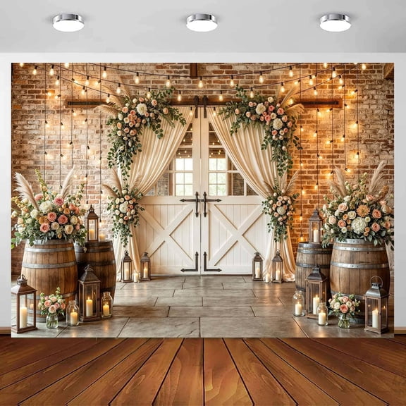 7X5Ft Country Wedding Photography Backdrop Brick Stone Wall Backdrop Photography Country Farmhouse Barn Door Floral Birthday Baby Shower Wedding Bridal Party Banner Photo Booth Props Background